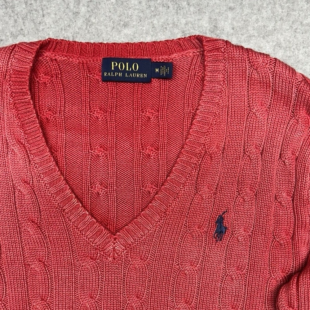 Polo Ralph Lauren Cable Knit V-Neck Sweater Red Mens Size M Cotton Preppy Logo